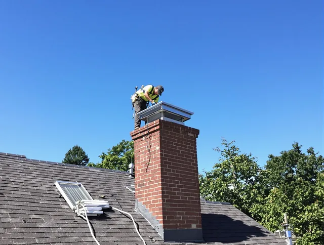Medfield Chimney Sweep technician measuring a chimney cap in Medfield, MA