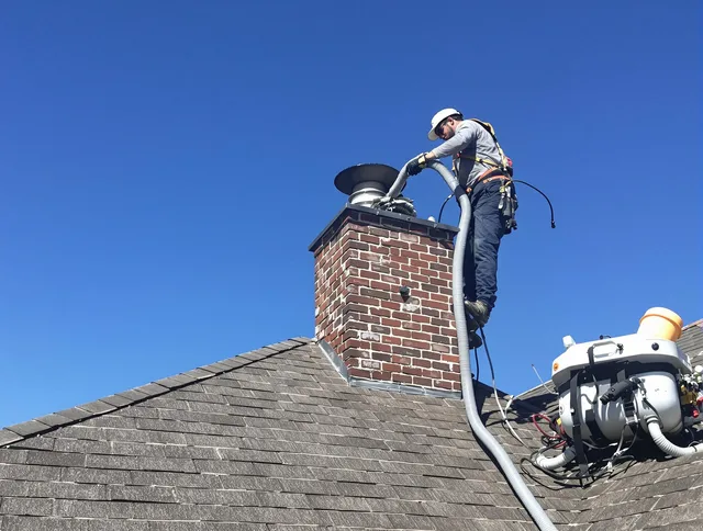 Dedicated Medfield Chimney Sweep team member cleaning a chimney in Medfield, MA
