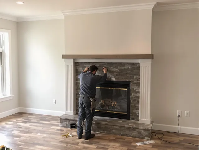 Medfield Chimney Sweep finishing a custom fireplace install in Medfield, MA